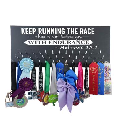 Running On The Wall Medal Hanger Display and Race Bibs Keep Running The Race That is Set Before You with Endurance -Hebrews 12:1