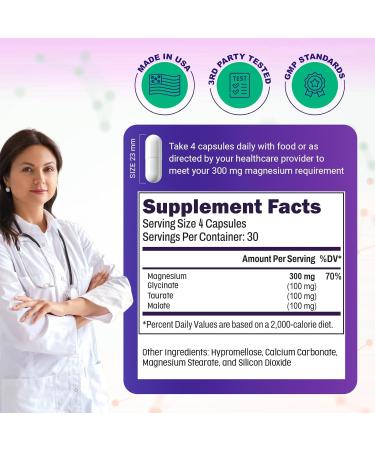 Triple Magnesium Complex 300mg per Serving Glycinate Taurate Malate Chelated Gentle on Stomach Clean Label Made in USA 120 Capsules 1 Month Supply 120 Count (Pack of 1) - Buy Online on GoSupps.com
