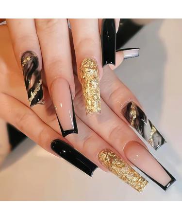 BELICEY Black French Press on Nails Medium Length Golden Bling Stripes Fake Nails Full Cover Luxury Stick on Coffin Nails Exquisite Design Nails for Women and Girls A008