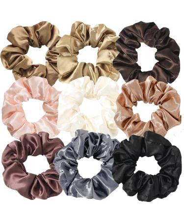 Satin Hair Tie 9pcs Hair Ties Scrunchies Silk Hair Ties for All Girls Women Ponytail coffee