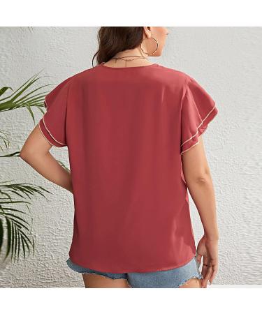 Women V Neck Top Summer Casual T Shirt Ruffle Sleeves Short Sleeve Top Lace Stitching V Neck Loose T Shirt (Brownish Red) 3X-Large Brownish Red - Buy Online on GoSupps.com