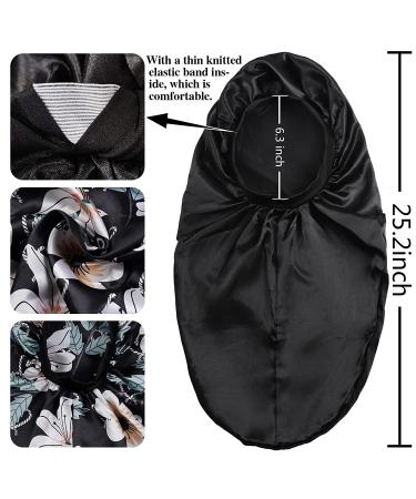 2 Pcs Black Satin Bonnet Set for Long Hair | Silk Sleep Cap for Black Women with Soft Elastic Band | Ideal for Curly Hair, Braids, Dreadlocks | Stylish Black+Black Flower Design - Buy Online on GoSupps.com