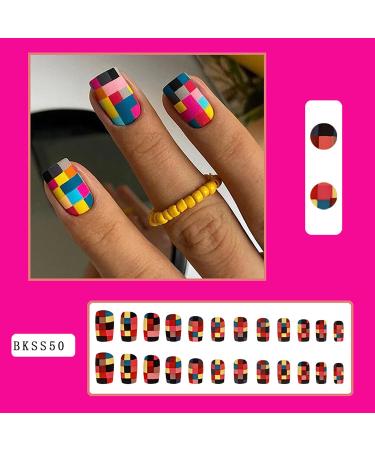 Vezocim Press on Nails - 24 Pcs Short Square Matte Acrylic Full Cover Fake Nails with Plaid Designs - Extra Short Stick-On Nails with Glue for Women & Girls - Buy Online on GoSupps.com