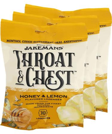 Jakemans Honey and Lemon Throat & Chest Lozenges Cough Drops Cough Sore Throat and Seasonal Distress Soothing Relief Liquid Drop Shape 30 Lozenges (3 Pack)