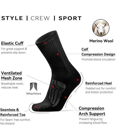 Men's Merino Wool Hiking Crew Socks 3-Pack - Warm & Thick Outdoor Athletic Socks (L-XL, Black/White/Light Grey) - Buy Online on GoSupps.com