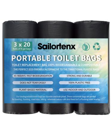 Sailortenx 80/60/20 Portable Camping Toilet Bags 100% Compostable 8 Gallon Use with 5 Gallon Bucket Toilet, Camp Toilet Waste Bags, Disposable Biodegradable Poop Bags for Outdoor Camping 60 Count-black