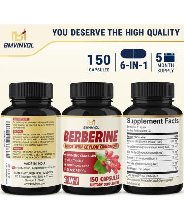 Berberine with Ceylon Cinnamon Turmeric Milk Thistle Artichoke Black Pepper - 150 Count - Pack of 1 150 Count (Pack of 1) - Buy Online on GoSupps.com