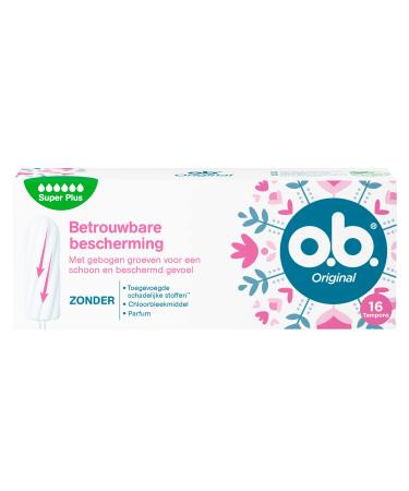 O.B. Original Super Plus Tampons for very heavy menstrual days with StayDry technology and curved grooves for reliable protection and a clean feeling 16 pieces of super plus 16 hustle
