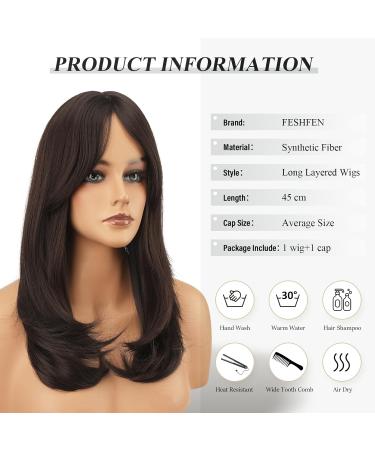 FESHFEN Long Brown Wigs with Bangs - Natural Look Synthetic Hair Wig for Women | 45 cm International Shipping - Buy Online on GoSupps.com
