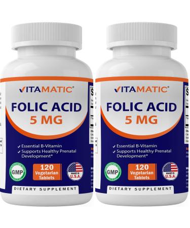 2 Pack - Vitamatic Folic Acid 5mg (5000 mcg) - 120 Vegetarian Tablets - (Vitamin B9 Folate) (Total 240 Tablets)