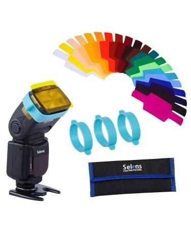 Selens Universal Flash Gels Lighting Filter 20 pcs Combination Kits for Camera Flashlight with 3 Gel-Bands, Camera Flash Gels Color Correction Filter Kit Color Gels for Lighting Photo Studio Flash 20Pcs gel kit(SE-CG20) with 2Pcs gel band
