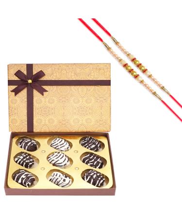 Ghasitaram Gifts Rakhi Gifts for Brothers Dryfruit - Brown Print Assorted Chocolate Coated Dates Box with 2 Pearl Rakhis