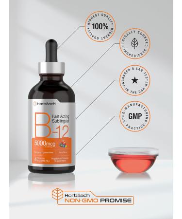 Horbaach B-12 5000 mcg Fast-Acting Sublingual Liquid Vitamin B12 Vegetarian Non-GMO & Gluten Free Formula - Berry - 4 oz - Buy Online on GoSupps.com