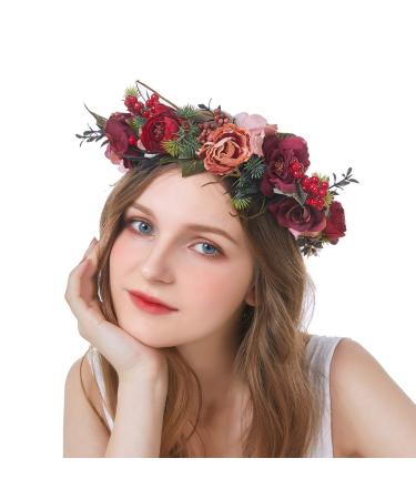 June Bloomy Women Floral Crown Wreath Flower Girls Headband Bridal BOHO Hair Garland Halo (Berry 1)