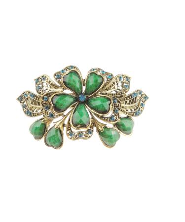 Womens Diamante Crystal Stone Wedding Birthday Party Bridal Wedding Ponytail Fine Hair Accessories Occasion Barrette Hairpin Grip French Spring Clip Vintage Look Gold Tone Metal Floral Rose (Green)