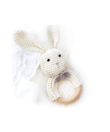 Natural Crochet Teether Toy Rattle for Baby Forest Friends Amigurumi Crochet Bunny Deer Fox on Natural Wooden Teething Ring Rattle and Beaded Pacifier Clip (Mama Bunny)
