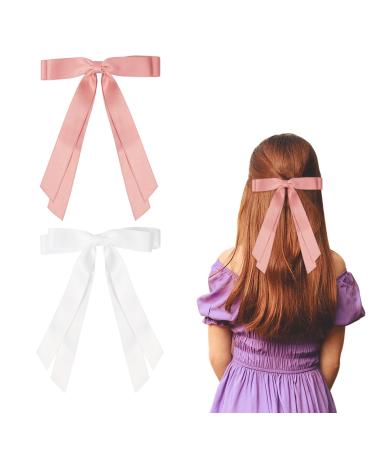 2 Pack Hair Bows for Women White Bow Hair Clips French Barrette with Long Silky Satin Hair Ribbons for Women Girls(White Pink)