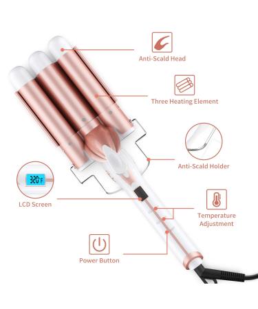 Ohuhu 1 Inch Ceramic Tourmaline Triple Barrels Hair Waver Curling Iron | Temperature Adjustable with LCD Temp Display | Rose Gold | Mother's Day Gift - Buy Online on GoSupps.com