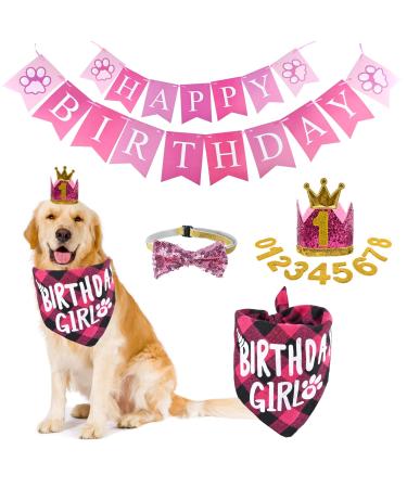 SERJOOC Dog Birthday Party Supplies, Dog Birthday Girl Bandana Scarf Happy Birthday Banner Cute Doggie Bow Tie Hat with 0-8 Numbers for Small Medium Dogs Puppy Pets (Pink)