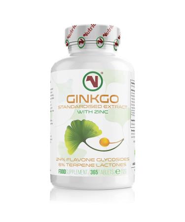 Nutriodol Ginkgo Biloba Leaf Extract | Small Easy To Swallow Tablets | Added Zinc To Boost Cognitive Functions | 24% Flavone Glycosides 6% Lactones | Suitable for Vegans (365 x Ginkgo Biloba Tablets)