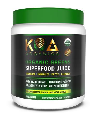 KOA Organics Greens Superfood Juice Powder - USDA Organic Super Greens Powder with with Spirulina Chlorella Matcha Wheat Grass Digestive Enzymes & Probiotics - Lemon Flavor -30 ServQ