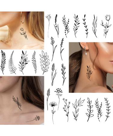 Cerlaza 75 Tiny Black Flower Temporary Tattoos - Realistic Wild Floral Designs for Women - 16 Sheets Small Fake Tattoos for Face, Hands, Legs, and Body - Buy Online on GoSupps.com