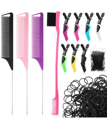 12 Pieces Rat Tail Combs Hair Clips Set,3 Rat Tail Combs 7 Alligator Hair Clips Pin Rat Tail Teasing Parting Combs and Mini Rubber Bands,Hair Styling Braiding Comb for Women Girls (Delicate Color)
