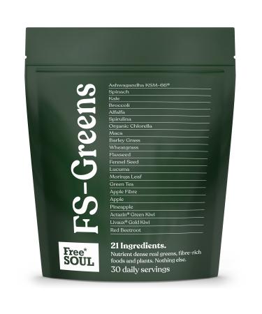 FS-Greens | 21 Advanced Greens Superfoods and Adaptogens Including KSM-66 Ashwagandha | Vegan & Gluten-Free | Advanced Formula | UK Made | Free Soul (30 Servings) Original
