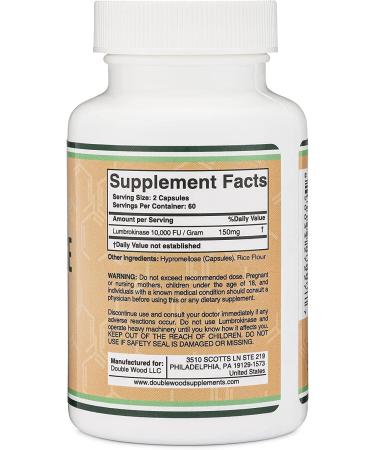 Lumbrokinase Enzymes Supplement - 120 Capsules (Max Activity 10,000 FU/Gram) 150mg per Serving (No Fillers Non-GMO Gluten Free) for Cardiovascular and Blood Circulation Support by Double Wood - Buy Online on GoSupps.com