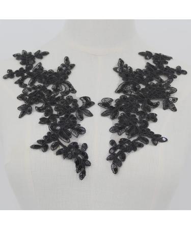 SEMCICOR Set of 2 Sequin Flower Patches Lace Applique Embroidered Trim Applique Motif Wedding Gown Dress Bridal DIY Crafts(Black)