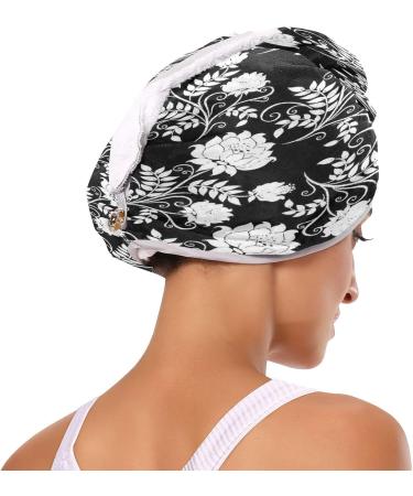 Black and White Flowers Dry Hair Cap | 2 Piece Quick Drying Towel Set with Button Headband | Super Absorbent & Soft Comfort - Buy Online on GoSupps.com