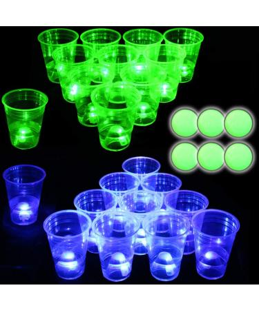 Glow in The Dark Beer Pong Set,Light up Beer Pong Cups for Indoor Outdoor Nighttime Competitive Fun,22 Glowing Cups(11 Green &11 Blue), 6 Glowing Balls, Waterproof- Party Game