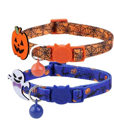 BoomBone 2 Pack Cat Halloween Collar,Kitten Collars for Small Dogs with Bell and Pumpkin Ghost Charm