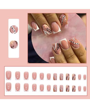 Glitter French Press on Nails - 24Pcs Square False Nails with White Design | Nail Glue Included | Full Cover Stick on Nails for Women & Girls - French Leaf Glitter - Buy Online on GoSupps.com