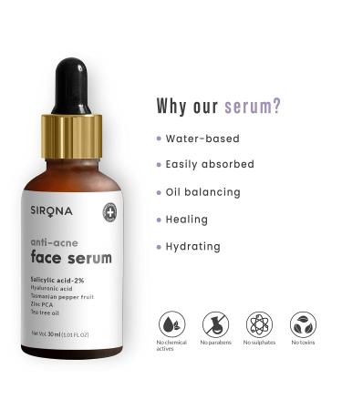 Sirona 2% Salicylic Acid Face Serum - Reduces Open Pores & Bumpy Texture | 30ml with Tea Tree Oil Hyaluronic Acid & Vitamin E - Buy Online on GoSupps.com