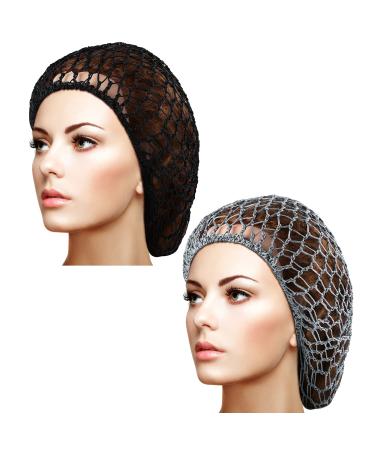 Waydress 2 Pieces Mesh Hair Net Rayon Knit Snood Women Crocheted Sleep Cap (Black, Gray)