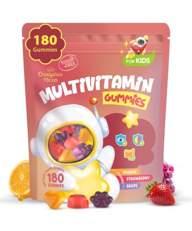 DRALYTHIO NEXA Kids Multivitamin Gummies 180 Count - Eye Brain & Gut Support - Sugar-Free Vitamins for Kids - with Lutein Omega-3 DHA & Prebiotics - 3 Fruit Flavors - Ages 2+