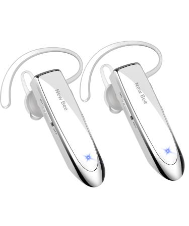 New bee 2 Pack Bluetooth Earpiece V5.0 Wireless Handsfree Headset 24 Hrs Driving Headset 60 Days Standby Time with Noise Cancelling Mic Headsetcase for iPhone Android Laptop Truck Driver(White)