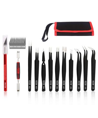 HengTianMei Precision Tweezers Set Anti-static ESD Tweezers Kit, Equipped with carving knife, metal crowbar and storage bag (12 PCS)