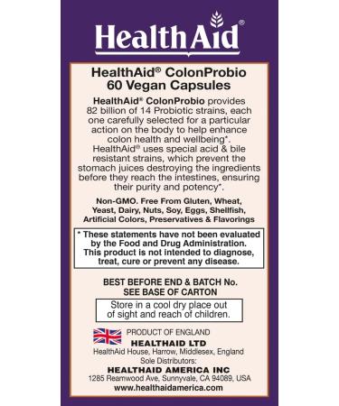 HealthAid ColonProbio 82 Billion with Prebiotic 14 Strains Once Daily 60ct Optimum Colon Care Acid & Bile Resistant Dairy Free Gluten Free Non-GMO High Bifido - Buy Online on GoSupps.com