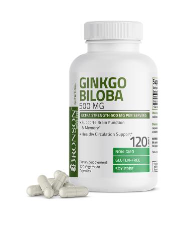 Bronson Ginkgo Biloba 500mg Extra Strength 500mg per Serving - Supports Brain Function & Memory Support, 120 Vegetarian Capsules 120 Count (Pack of 1)
