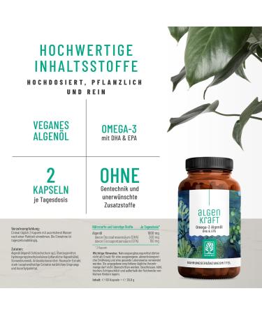 NaturTreu Algaekraft - High-Dose Vegan Omega 3 from Algae Oil | 1000mg DHA & EPA | Sustainable Microalgae | Laboratory Tested - Buy Online on GoSupps.com