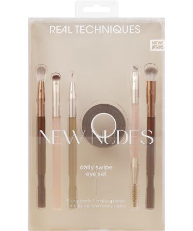 Real Techniques New Nudes Daily Swipe Eye Kit MakeUp Brushes for Eyeshadow Liner & Brows Makeup Tape for Natural Or Smokey Makeup Look Synthetic Bristles Cruelty-Free & Vegan 7 Piece Set
