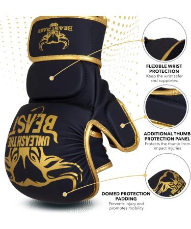 Beast Rage MMA Gloves for Men & Women - Adjustable Wrist Support Open Palm for Martial Arts Grappling and Sparring | S/M Gold - Buy Online on GoSupps.com