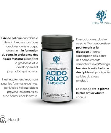 Folic Acid 400 mcg | 230 Vegan Tablets with Unique Organic Moringa | Pregnancy & Vitality Support | Natural Vitamin B9 | 100% Vegan Pregnancy Supplement | Made in Italy | RedMoringa - Buy Online on GoSupps.com