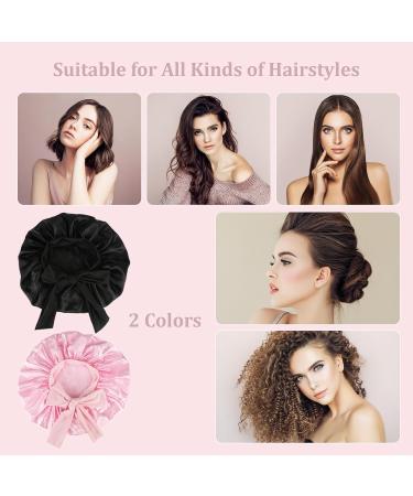 Silk Sleep Hood Bonnet Set - 2 Adjustable Satin Sleeping Caps with Hair Ties - Women's Sleepwear (Black & Pink) - Buy Online on GoSupps.com
