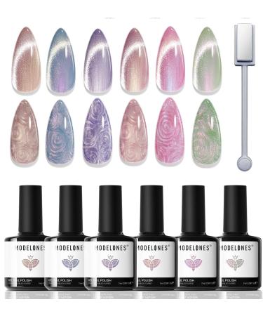 Modelones Cat Eye Gel Nail Polish Set 6 Colors Holographic Purple Pink Blue Gel Polish Glitter 9D Magnetic Gel Polish Shimmer Summer Gel Polish with Magnet Nail Art DIY Salon For Women