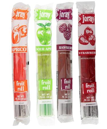 Joray Fruit Roll Variety Pack! Apricot, Strawberry, Raspberry, Sour Apple.75 Oz Fruit Leather (Total of 24 Fruit Leathers)
