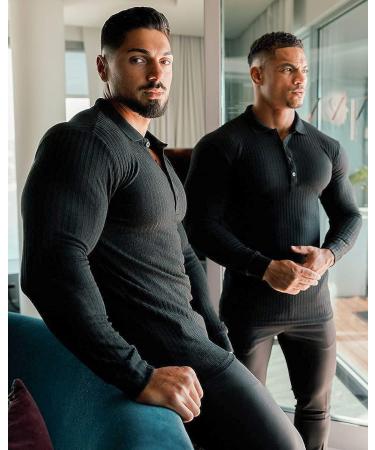 Coofandy Men's Long Sleeve Muscle Stretch T-shirt Slim Fit Polo Shirt - Black - Buy Online on GoSupps.com