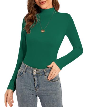 YepClick Women's Long Sleeves Mock Turtleneck Tops Basic Stretch Slim Fit Lightweight Cozy Under Layer T-Shirts Green Medium